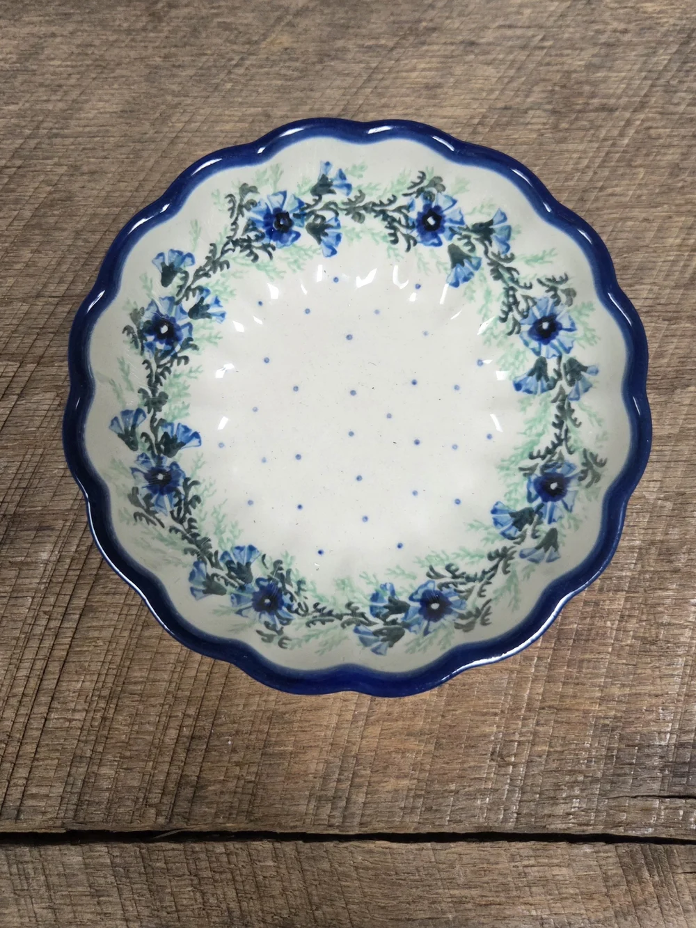Vintage Floral Scalloped Ceramic Bowl in Blue & Cream Handmade In Poland Bin PP